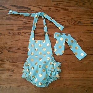 Mint with Gold Dots Romper, Size 6-12m